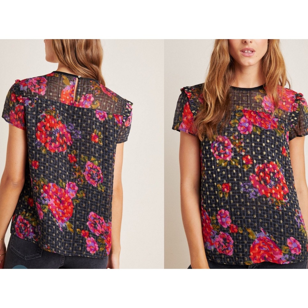 Anthropologie Fiorella‎ Metallic Floral Sheer Blouse Size 4 Black Pink Gold